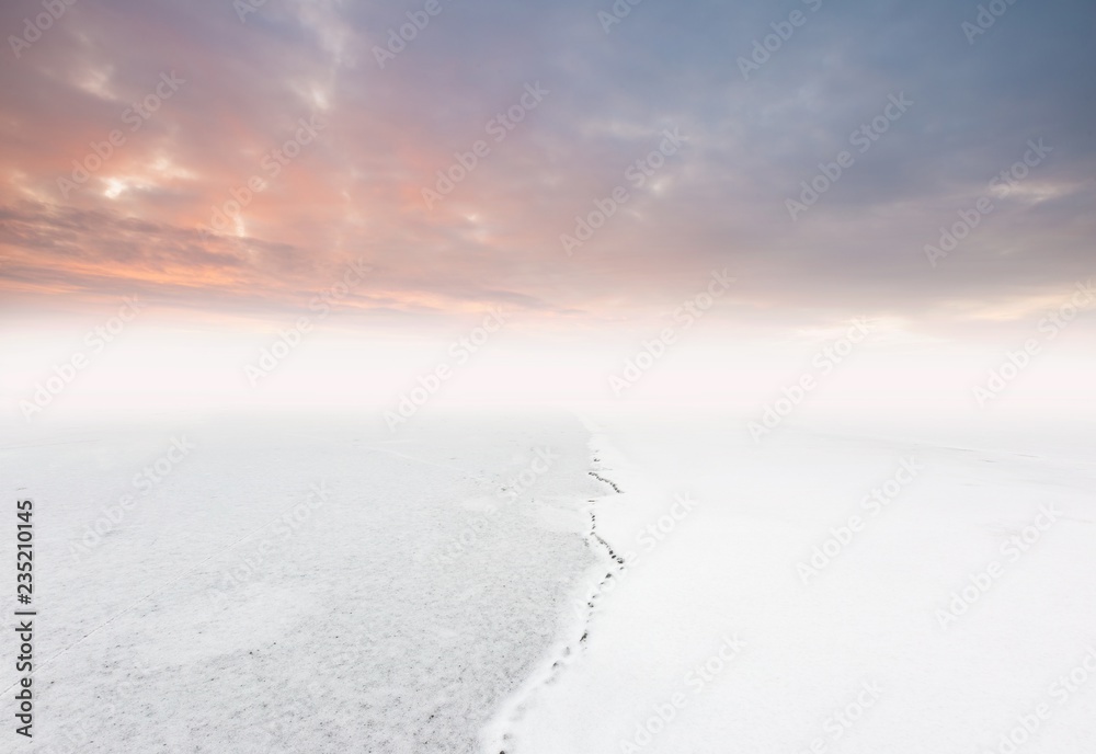 Winter frozen lake landscape.
