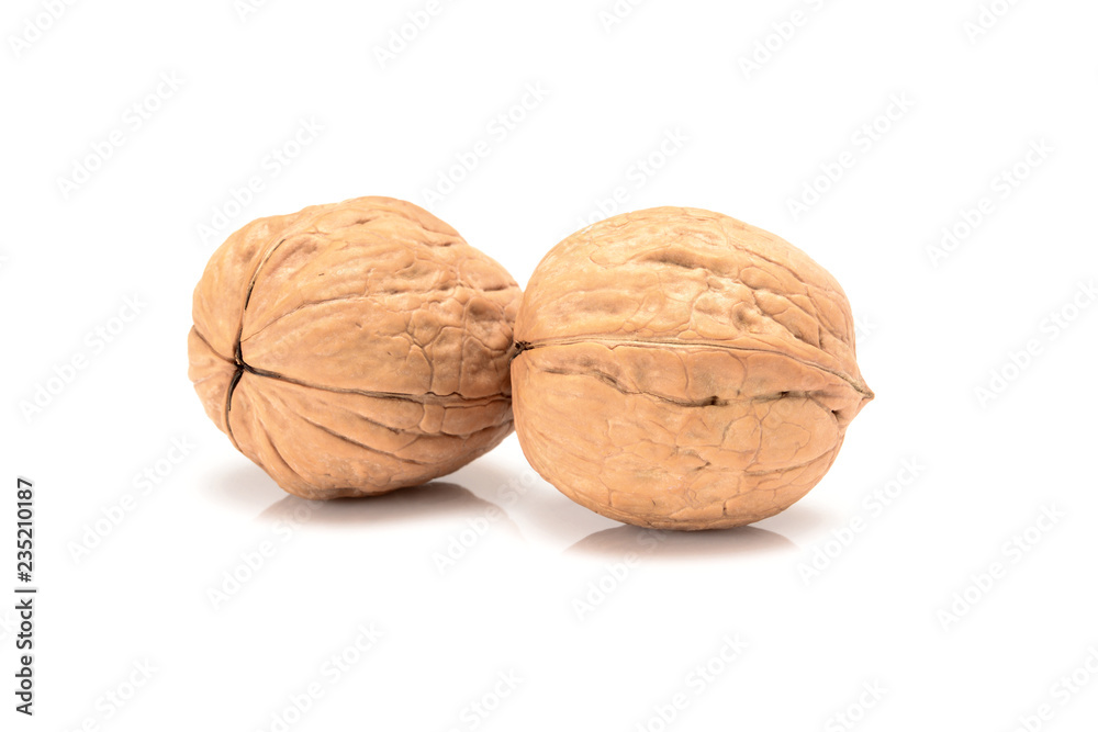 Two whole walnuts, close up macro, isolated on a white background. Two whole walnuts, close up macro, isolated on a white background.