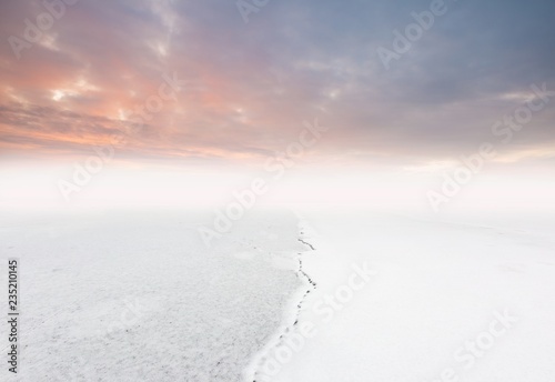 Winter frozen lake landscape.