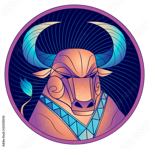 Taurus zodiac sign, astrological horoscope symbol. Futuristic style icon. Stylized graphic portrait of the stately ox. Proud bull with blue big twisted horns. Powerful mule looking to the side. Vector