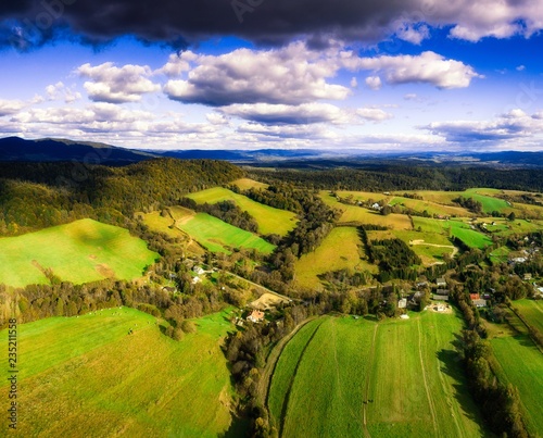 Fototapeta Naklejka Na Ścianę i Meble -  Aerial view on Lutowiska village in Bieszczady mountains in Poland