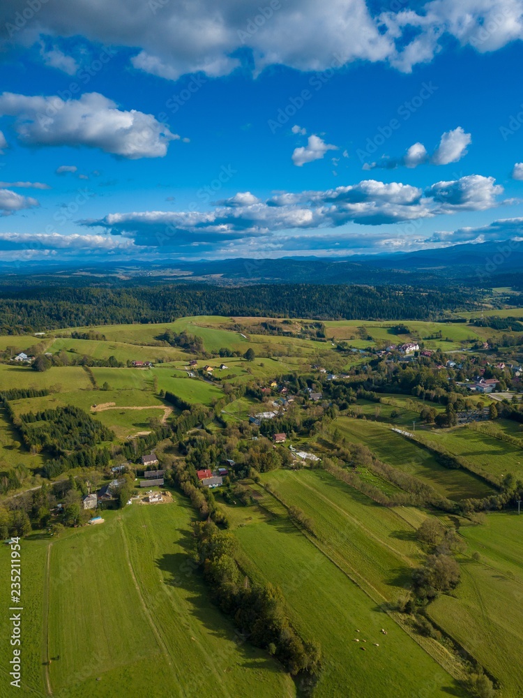 Aerial view on Lutowiska village in Bieszczady mountains in Poland