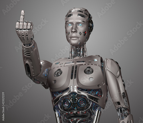 3D Render of futuristic robot man showing ''fuck you'' gesture. Isolated on gray background.