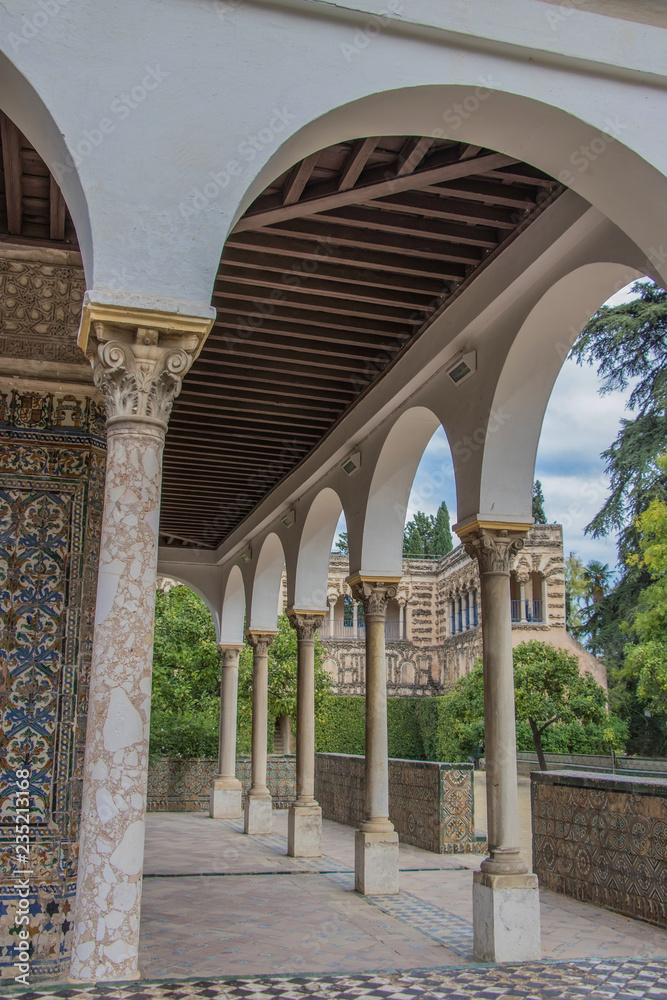 Sevilla, Spain - October, 2018: Alcazar Palace in Sevilla. The Alcazar - example of the moorish architecture in Spain.