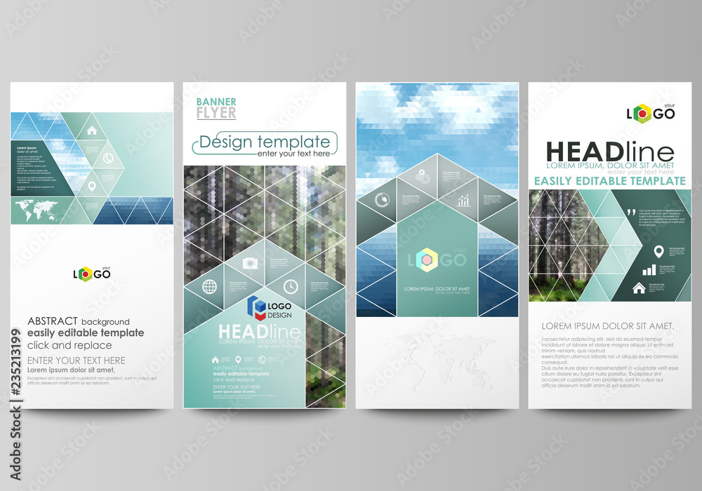 Flyers set, modern banners. Cover design template, abstract vector layouts. Colorful background made of triangular or hexagonal texture for travel business, natural landscape in polygonal style.