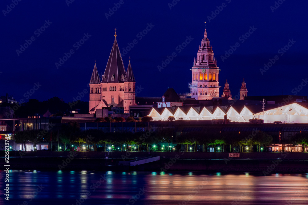 blue hour cityscape of Mainz city with the St. Martins Dom, the landmark of Mainz