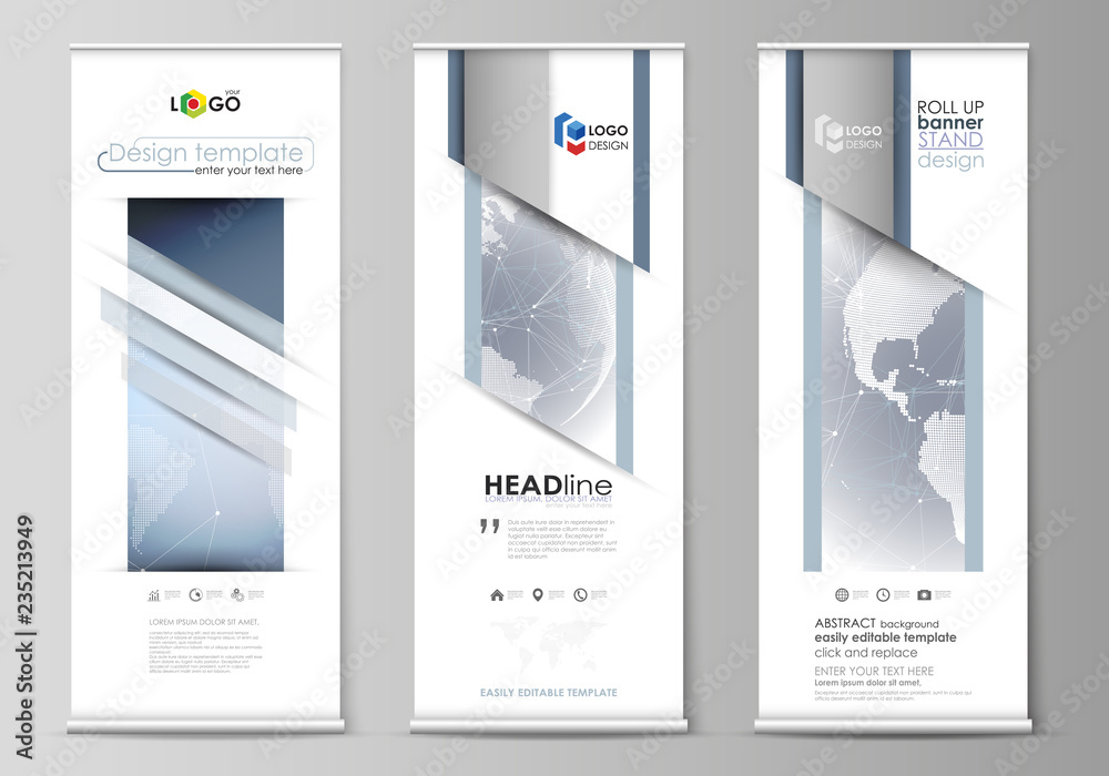 The minimalistic vector illustration of the editable layout of roll up banner stands, vertical flyers, flags design business templates. Abstract futuristic network shapes. High tech background.