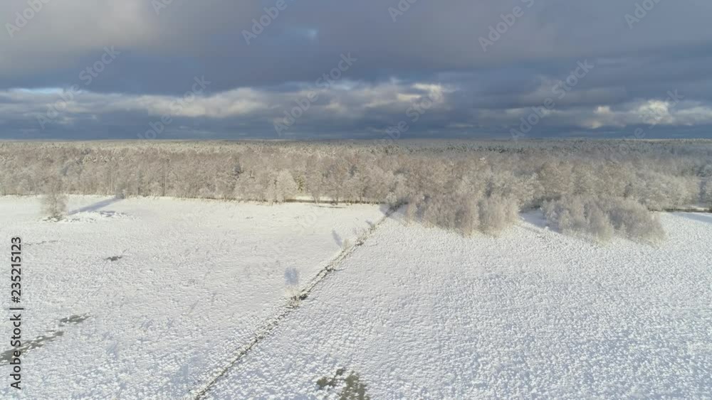Flying over snow covered farmland and forest in winter season Flying over snow covered farmland and forest in winter season