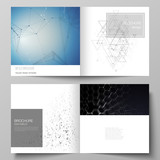 The vector illustration of the editable layout of two covers templates for square design bifold brochure, magazine, flyer, booklet. Technology, science, future concept abstract futuristic backgrounds.