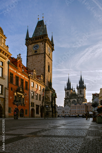 Prague, Old Town Hall Town Square and Church of our Lady Tyn in the morning. Astronomical Clock are located in one of the towers of the town hall. Prague, Czech Republic. Historical center.