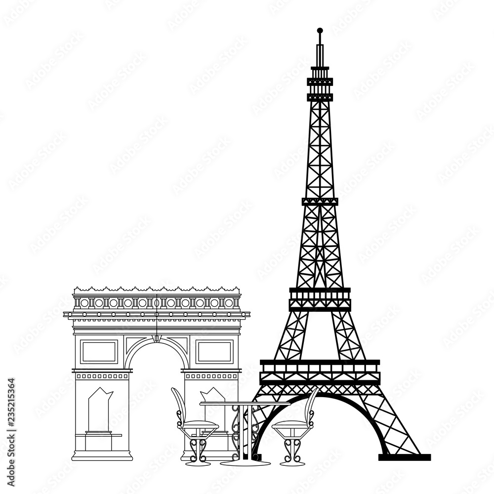 Fototapeta premium Vintage table and chair on eiffel tower in black and white