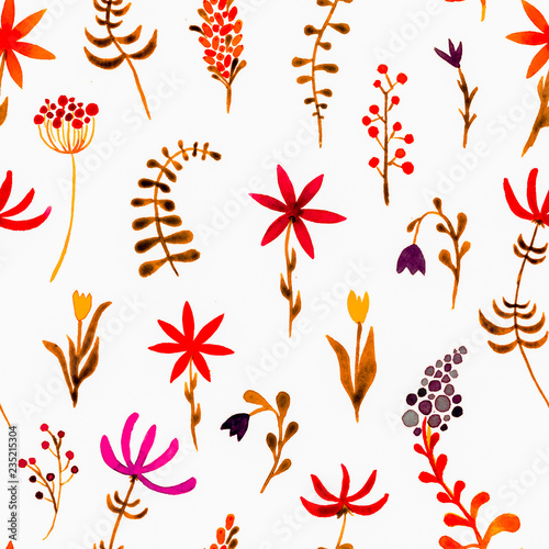 Cute watercolor floral seamless pattern. Red boho 