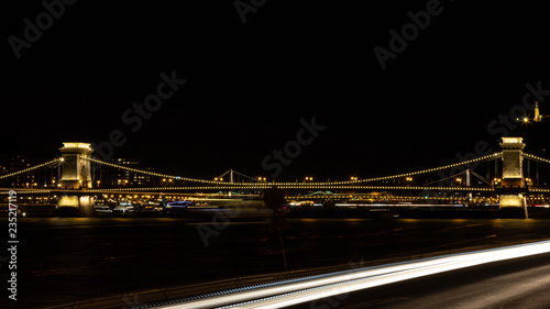 Night time view of Chain Bridge in Budapest, Hungary