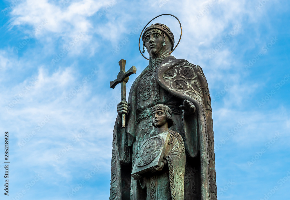 Monument to Princess Olga with her son Prince Vladimir Svyatoslavich in center of Pskov, Russia