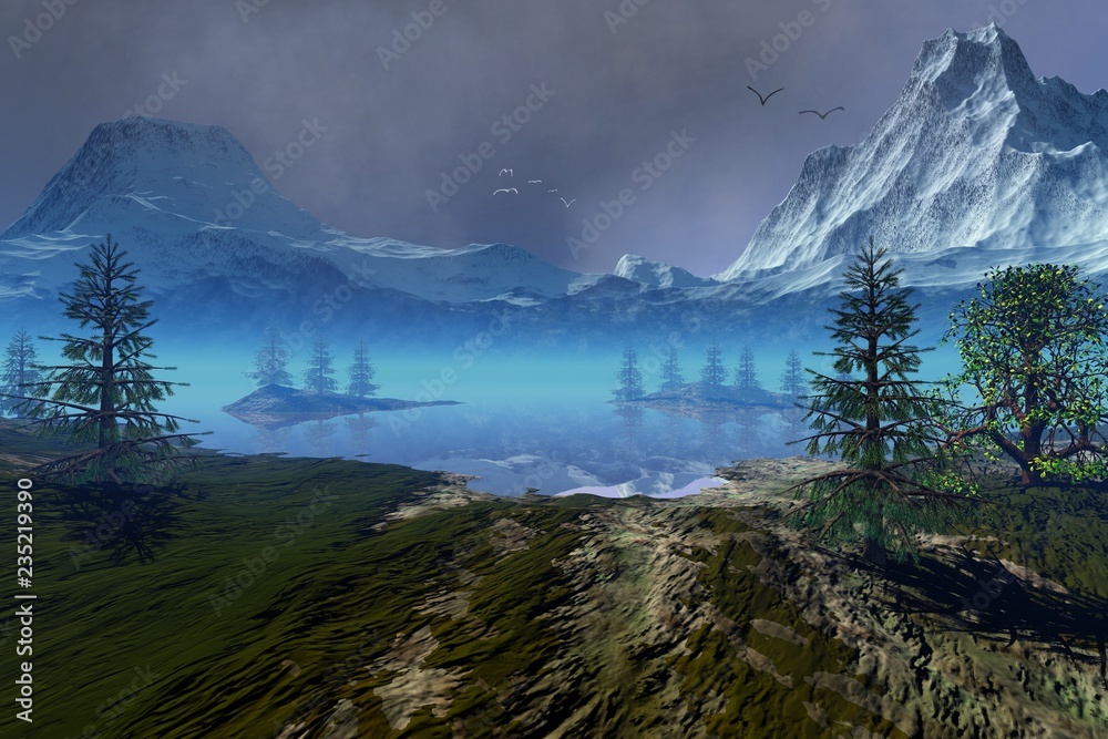 Beautiful lake, an alpine landscape, coniferous trees, snowy mountains, and birds in the sky.