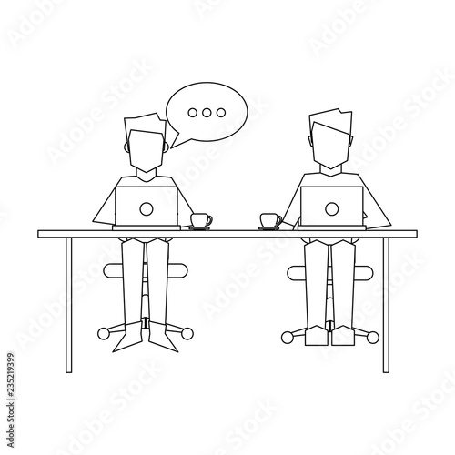 Business coworkers with laptop in black and white