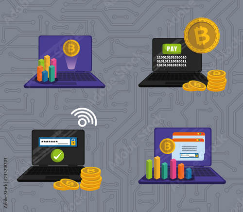 set laptops with virtual coins