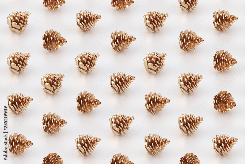 Minimal Christmas pattern. Golden pine cones on white background. 3D rendering. Minimal Christmas pattern. Golden pine cones on white background. 3D rendering.