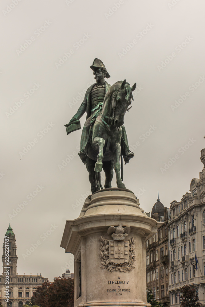 Porto, Portugal, June 15, 2018:  Statue of D. Pedro IV on a horse located on Freedom Square in the city of Porto