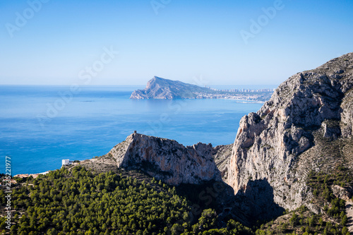 Panoramic view of Castillo del Mascarat in Calpe, Altea, Sierra Helada Natural Park, Benidorm. Costa Blanca nature.