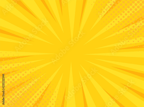 Retro comic pop art yellow background with stripes and halftone dots. Classic vintage cartoon style. Vector illustration