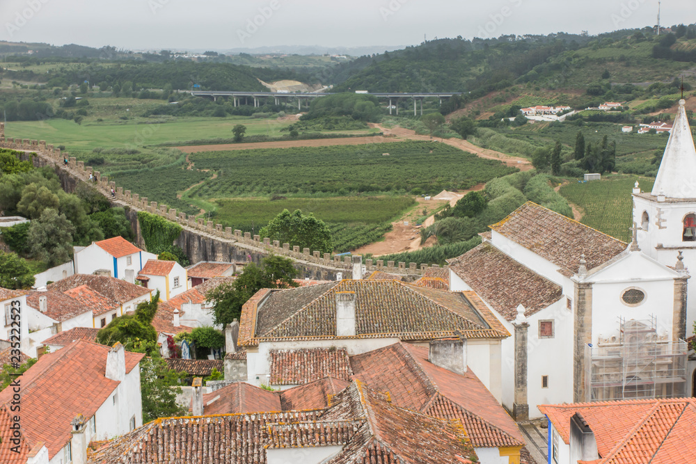 Obraz premium Village, medieval town, Obidos in Portugal. View of white houses, red tiles