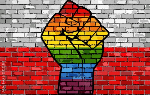 LGBT Protest Fist on a Poland brick Wall Flag - Illustration, 
Brick Wall Poland flag and Gay flags