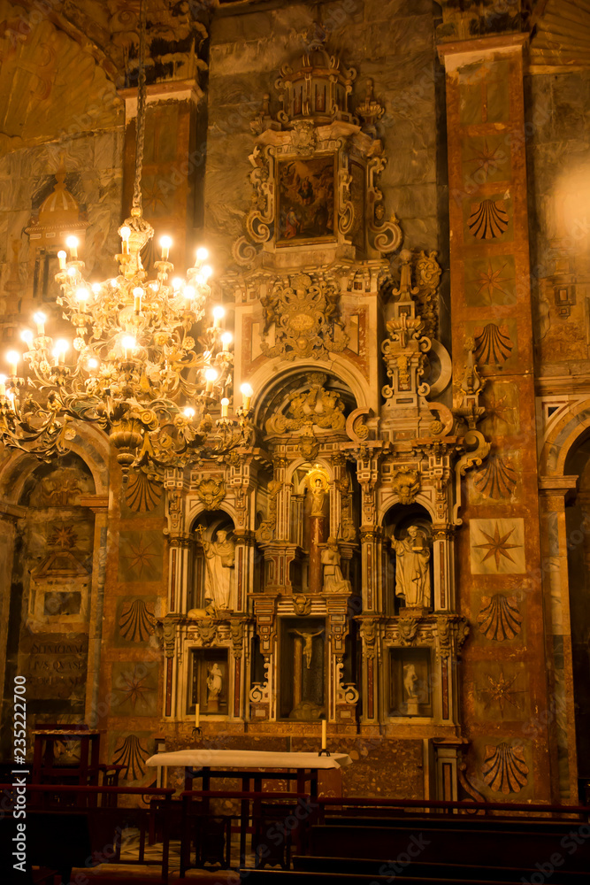 Santiago de Compostela, Spain, 14 June 2018: Altar with the Mother of God on the column in the Cathedral of St. Jacob in Santiago de Compostella in Spain