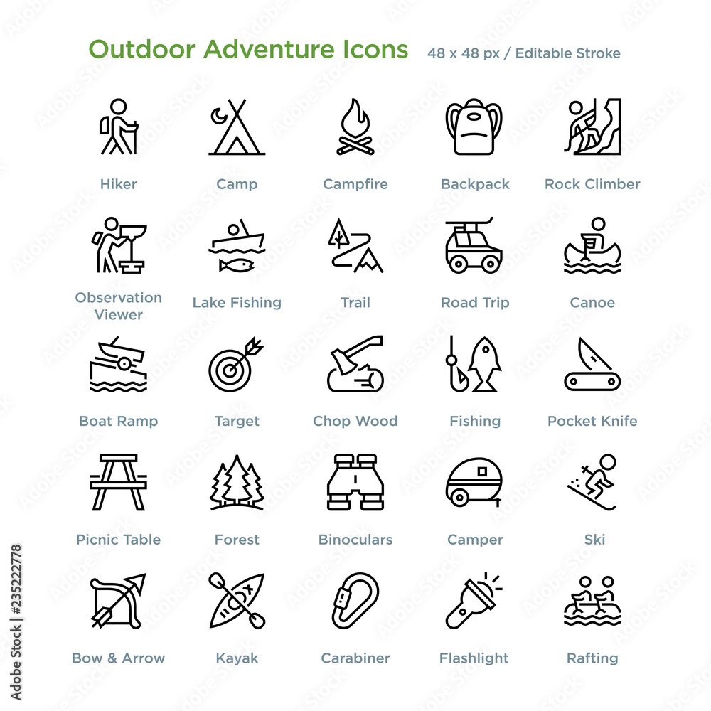 Outdoor Adventure Icons -  - Outline styled icons, designed to 48 x 48 pixel grid. Editable stroke.