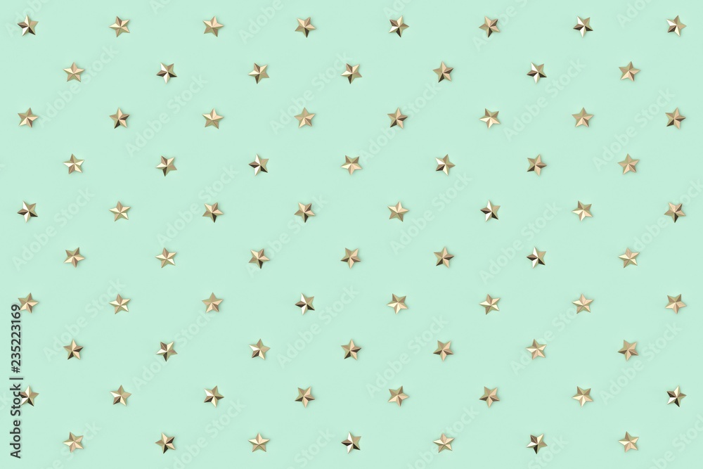 Golden star pattern on mint green background. 3D rendering. Golden star pattern on mint green background. 3D rendering.