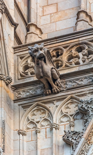 Gothic gargoyles on the facade of Cathedral of the Holy Cross and Saint Eulalia, or Barcelona Cathedral cathedral at sunset in Barcelona, Spain