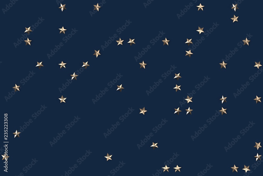 Golden star pattern on dark blue background. 3D rendering.
