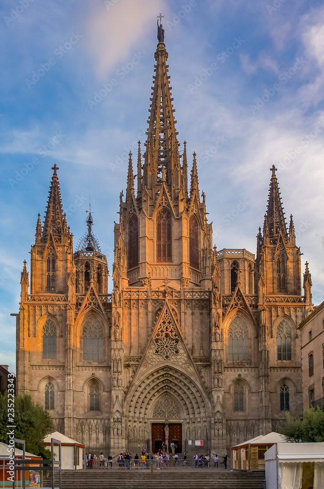 View of the gothic Cathedral of the Holy Cross and Saint Eulalia, or Barcelona Cathedral, seat of the Archbishop of Barcelona, Spain at sunset
