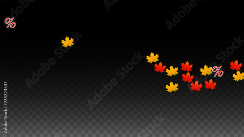 Vector Percentage Sign and Autumn Leaves Confetti on Transparent Background. Percent Sale Background. Business, Economics, Finance Print. Discount Illustration. Promotion poster. Black Friday Banner. 