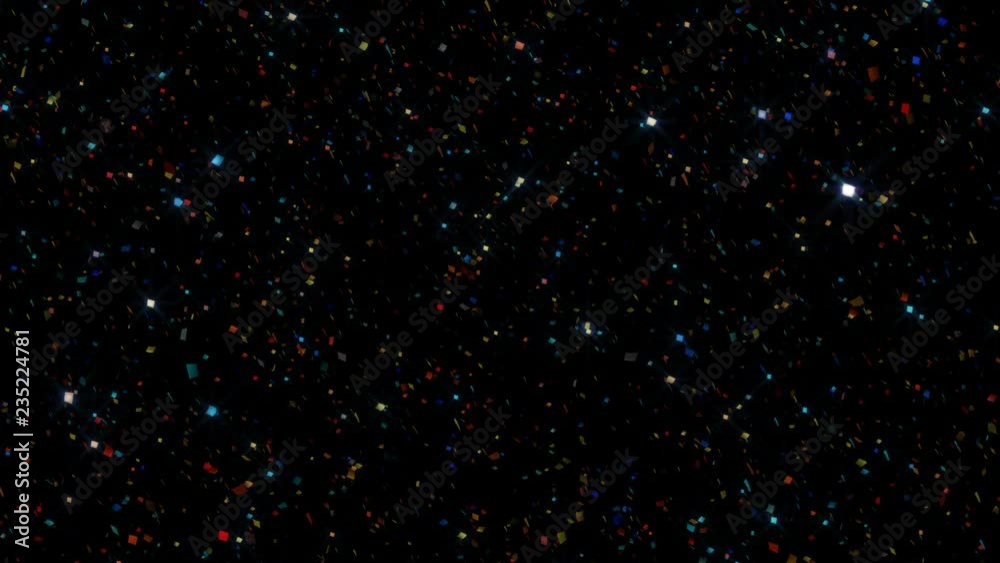 festive confetti circling and filling the entire frame. square confetti isolated on a black background falling down smoothly and slowly. Multi-colored 8