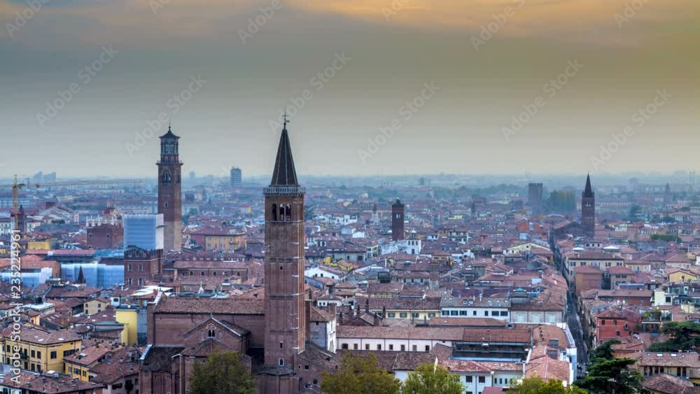 Verona skyline aerial view from day to night timelapse in 4k. Verona skyline aerial view from day to night timelapse in 4k.