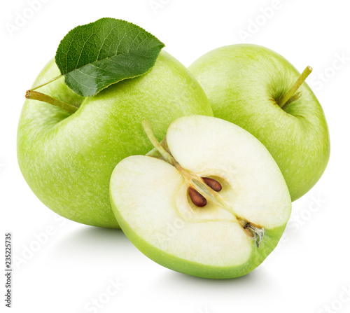 Group of ripe green apple fruits with apple half and green leaf isolated on white background. Apples with clipping path