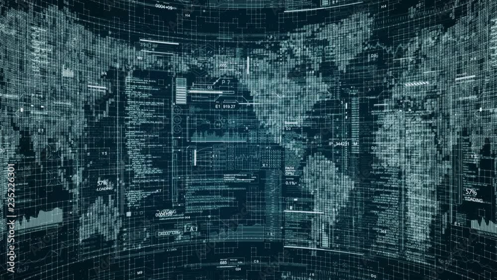 World map and technological HUD elements.Seamless loop rotating ...