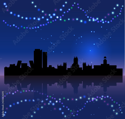 Madrid vector silhouete and Chritsmas colored lights