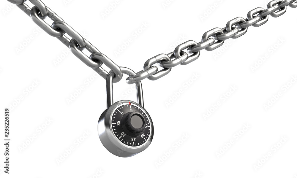 3d illustration of combination padlock on chain isolated on white 3d illustration of combination padlock on chain isolated on white