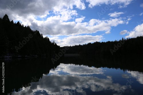 mountain lake with clouds and reflection