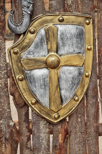 medieval shield foreground over tree trunks