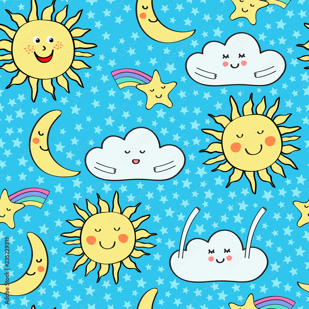 Fototapeta premium Seamless vector repeating pattern with happy clouds, sun and moon in blue and yellow. Surface design for baby, kids, sleepwear, nursery, pajamas, bedding projects.
