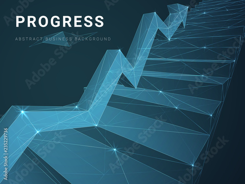 Abstract modern business background vector depicting progress with stars and lines in shape of a staircase with an arrow on blue background.