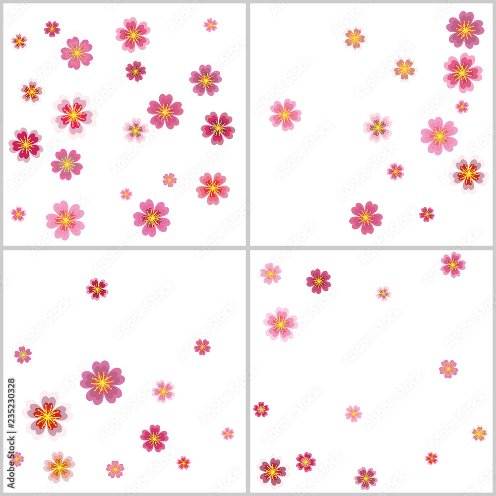 Sakura, cherry flower petals flying vector backgrounds set Sakura, cherry flower petals flying vector backgrounds set