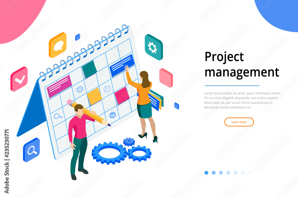 Isometric Project manager updating tasks and milestones progress ...