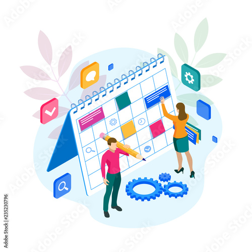 Isometric Project manager updating tasks and milestones progress planning. Weekly schedule and calendar planner organization management.