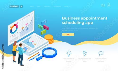 Isometric Analysis data and Investment. Stack of documents with an official stamp and pencils in a glass. Creative landing page design template.