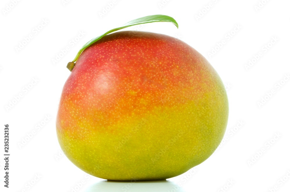 ripe mango with green leaves isolated on white background ripe mango with green leaves isolated on white background