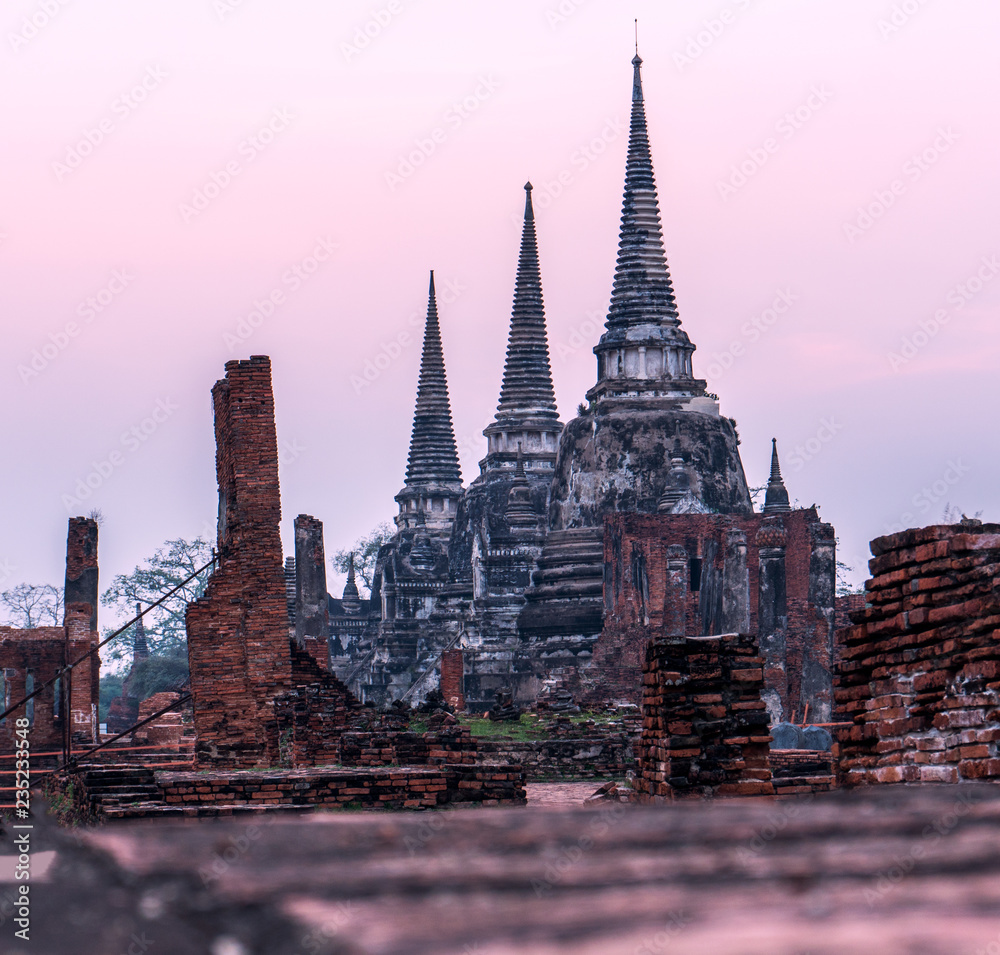 Twilight view of three pagoda at watphrasisanpetch ayutthaya